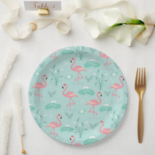 Pastel Pink Flamingos Green Pattern Paper Plates