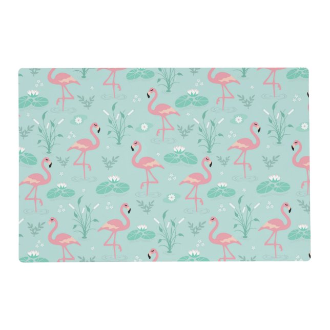 Pastel Pink Flamingos Green Pattern Placemat (Front)