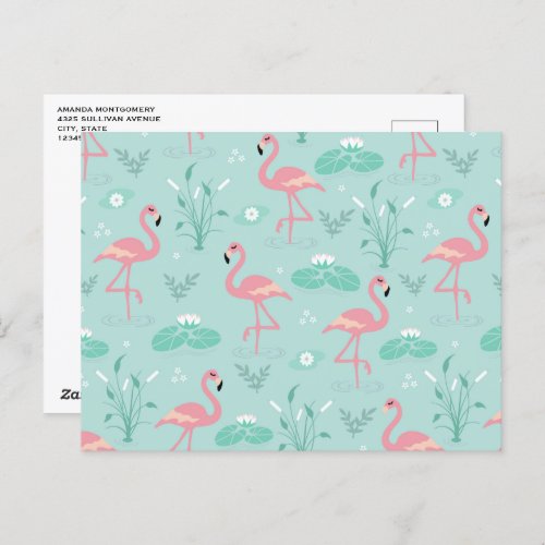Pastel Pink Flamingos Green Pattern Postcard