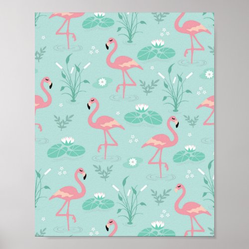 Pastel Pink Flamingos Green Pattern Poster