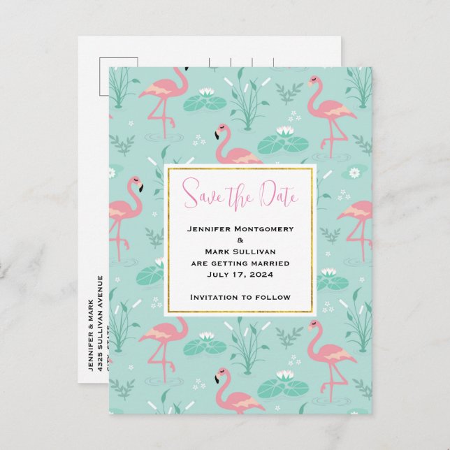 Pastel Pink Flamingos Green Pattern Save the Date Invitation Postcard (Front/Back)