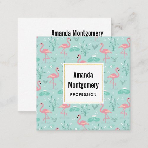 Pastel Pink Flamingos Green Pattern Square Business Card