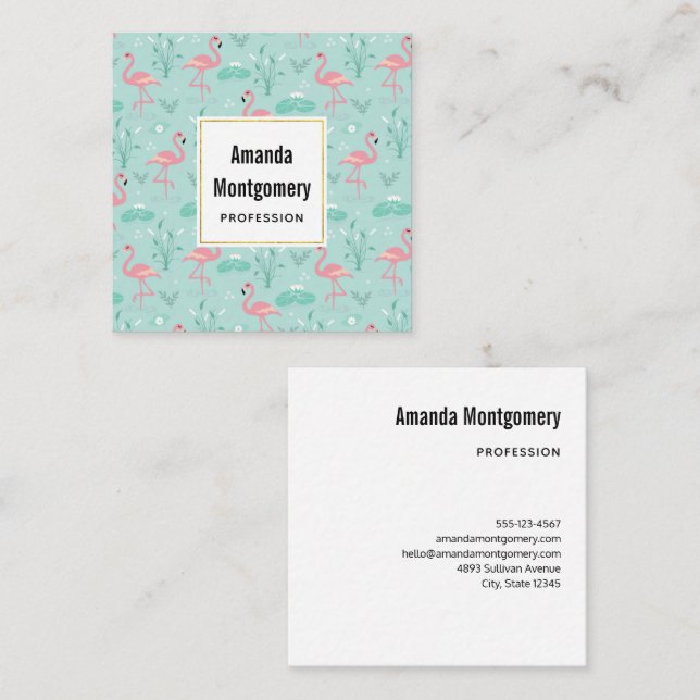 Pastel Pink Flamingos Green Pattern Square Business Card (Front/Back)