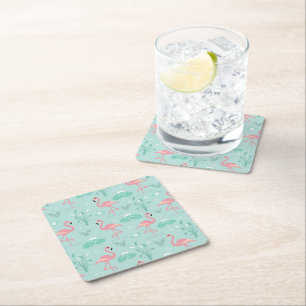 Pastel Pink Flamingos Green Pattern Square Paper Coaster