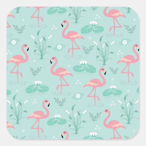 Pastel Pink Flamingos Green Pattern Square Sticker