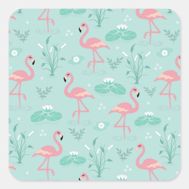 Pastel Pink Flamingos Green Pattern Square Sticker (Front)