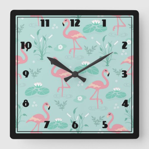 Pastel Pink Flamingos Green Pattern Square Wall Clock