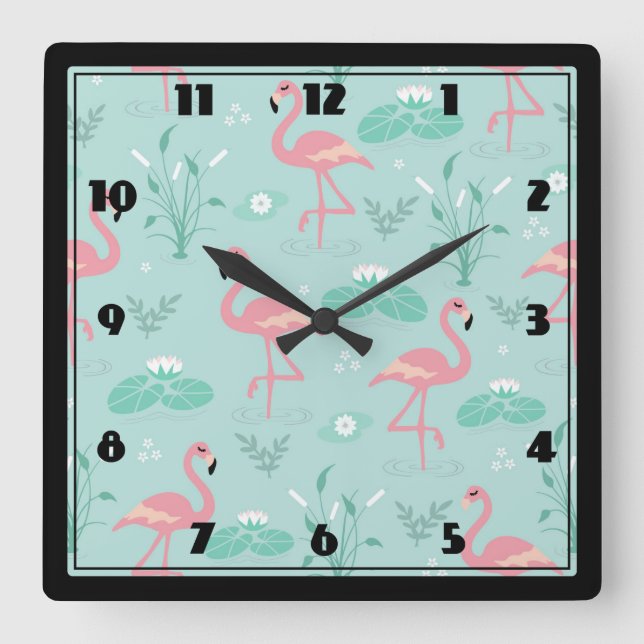 Pastel Pink Flamingos Green Pattern Square Wall Clock (Front)