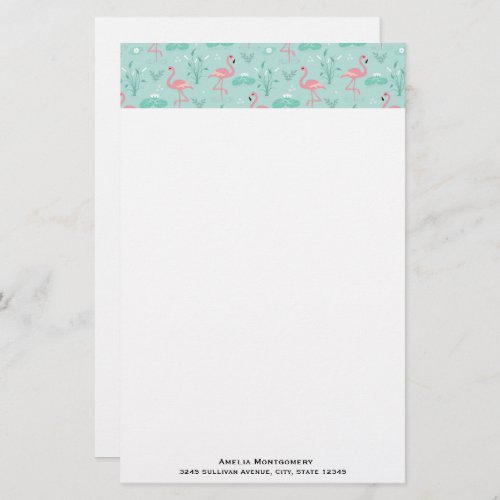 Pastel Pink Flamingos Green Pattern Stationery