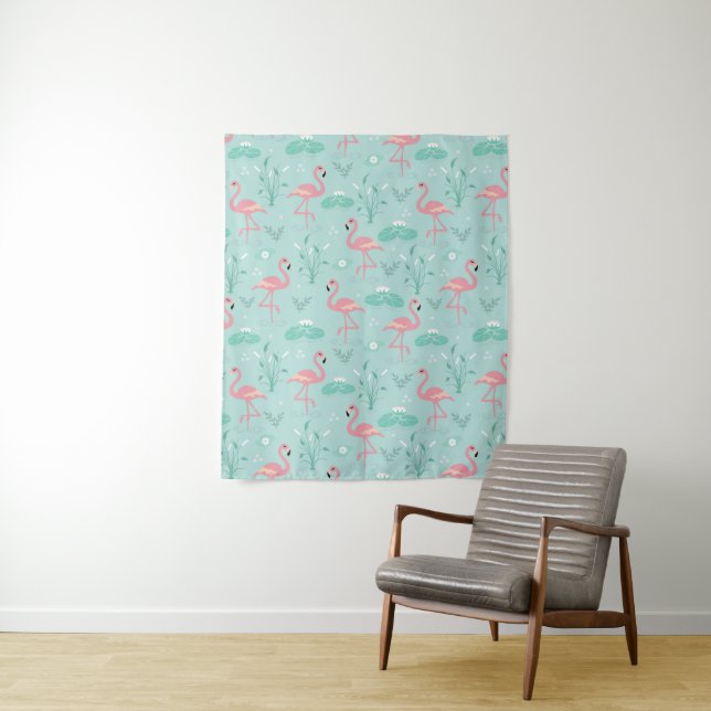 Pastel Pink Flamingos Green Pattern Tapestry (In Situ)