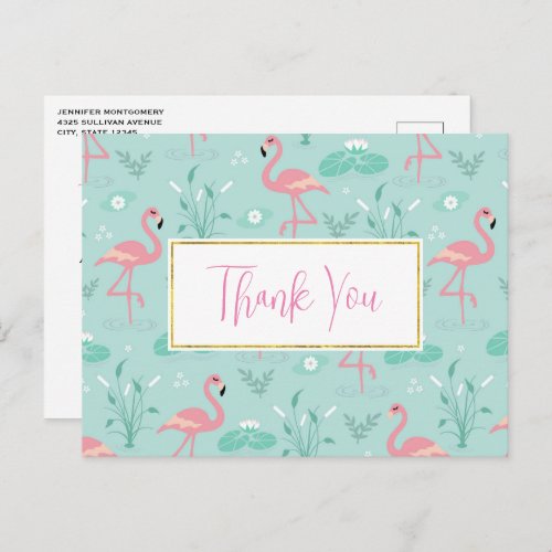 Pastel Pink Flamingos Green Pattern Thank You Postcard