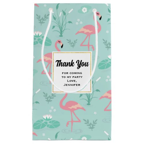 Pastel Pink Flamingos Green Pattern Thank You Small Gift Bag