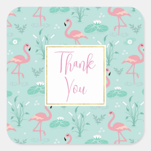 Pastel Pink Flamingos Green Pattern Thank You Square Sticker