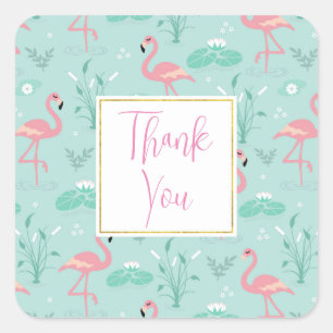 Pastel Pink Flamingos Green Pattern Thank You Square Sticker