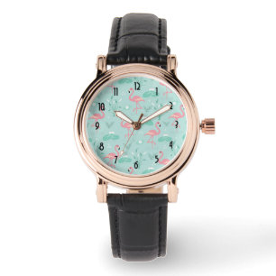 Pastel Pink Flamingos Green Pattern Watch