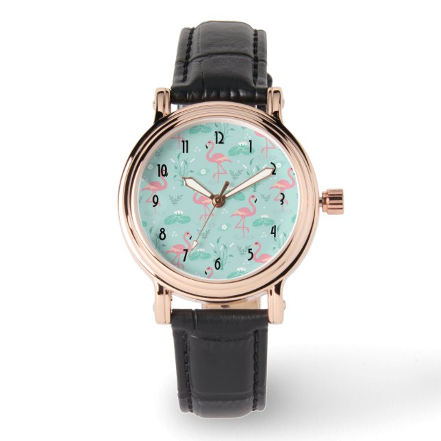 Pastel Pink Flamingos Green Pattern Watch (Front)
