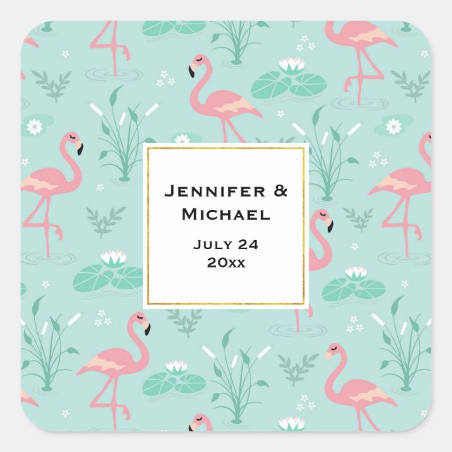 Pastel Pink Flamingos Green Pattern Wedding Date Square Sticker (Front)