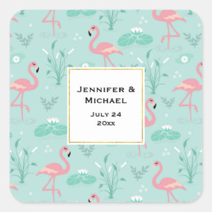 Pastel Pink Flamingos Green Pattern Wedding Date Square Sticker