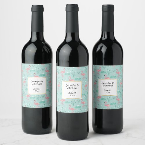 Pastel Pink Flamingos Green Pattern Wedding Wine Label