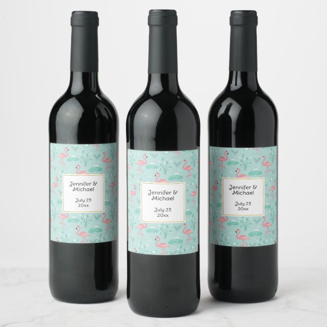 Pastel Pink Flamingos Green Pattern Wedding Wine Label (Bottles)