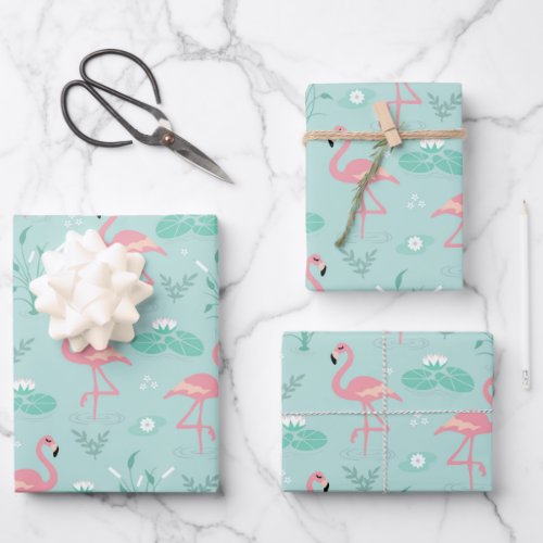 Pastel Pink Flamingos Green Pattern Wrapping Paper Sheets