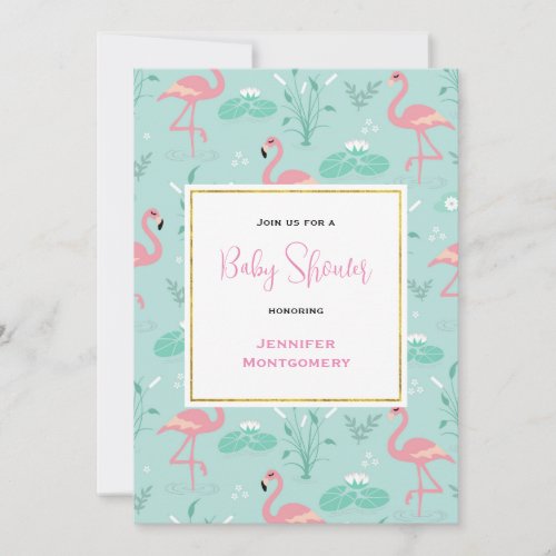 Pastel Pink Flamingos on Green Pattern Baby Shower Invitation