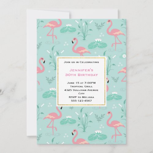 Pastel Pink Flamingos on Green Pattern Birthday Invitation