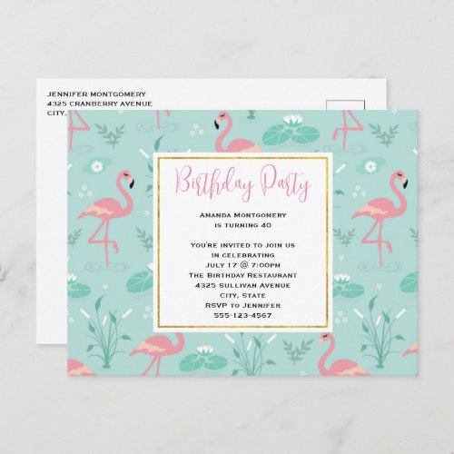 Pastel Pink Flamingos on Green Pattern Birthday Invitation Postcard