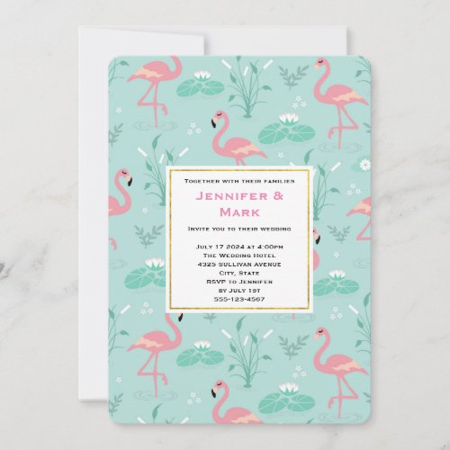 Pastel Pink Flamingos on Green Pattern Wedding Invitation