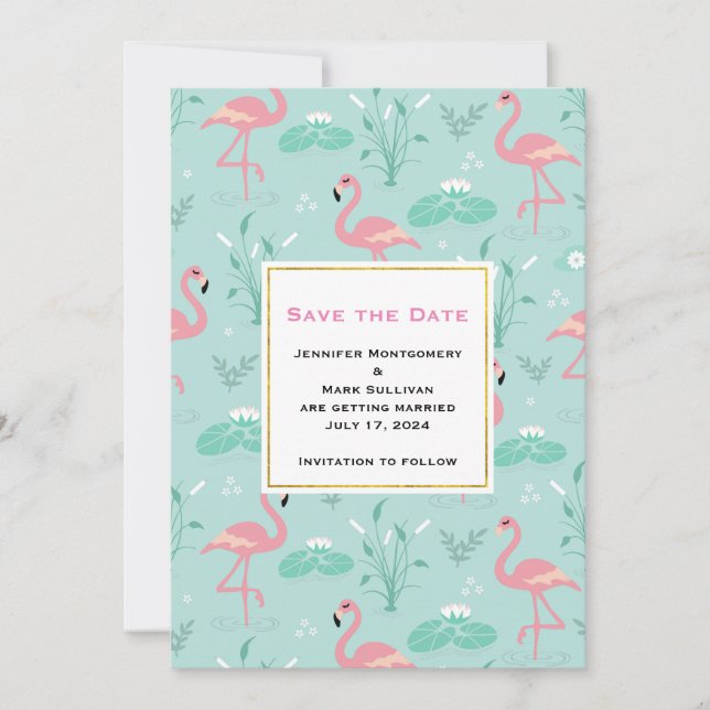 Pastel Pink Flamingos on Green Pattern Wedding Save The Date (Front)
