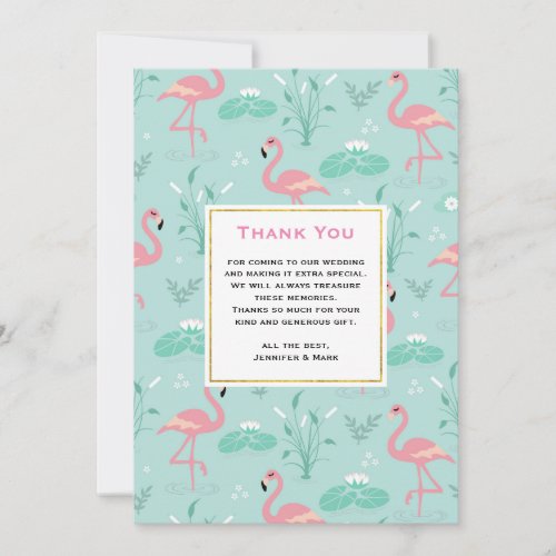Pastel Pink Flamingos on Green Pattern Wedding Thank You Card