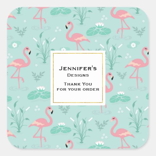 Pastel Pink Flamingos Pattern Business Thank You Square Sticker