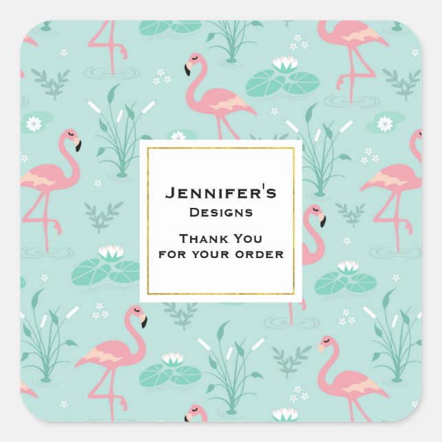 Pastel Pink Flamingos Pattern Business Thank You Square Sticker (Front)