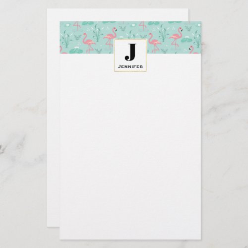 Pastel Pink Flamingos Pattern Monogram Stationery