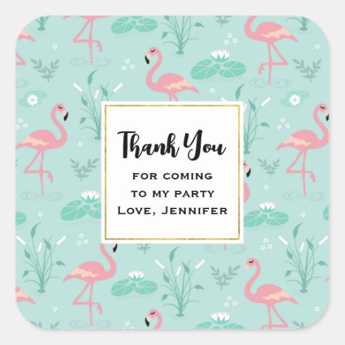  Pastel Pink Flamingos Pattern Party Thank You Square Sticker