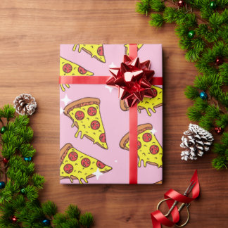 Pastel Pink Floating Pizza Slices Pattern Wrapping Paper