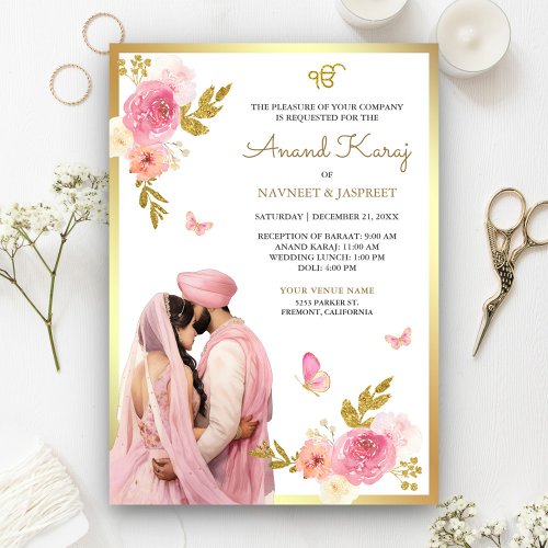 Pastel Pink Floral Anand Karaj Sikh Wedding Invitation