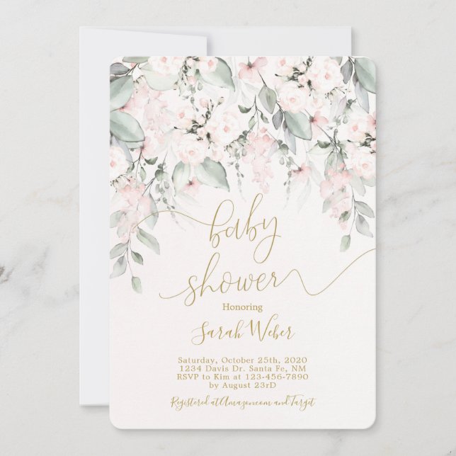 Pastel pink floral baby shower girl invitation (Front)