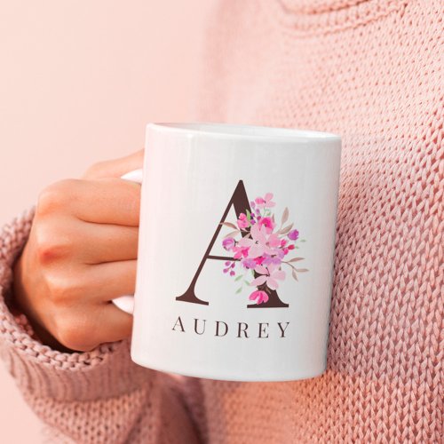Pastel pink floral black bold script monogram name coffee mug