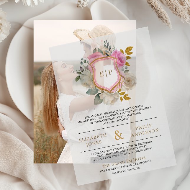 Pastel Pink Floral Crest Monogram Wedding Vellum Invitations (Creator Uploaded)