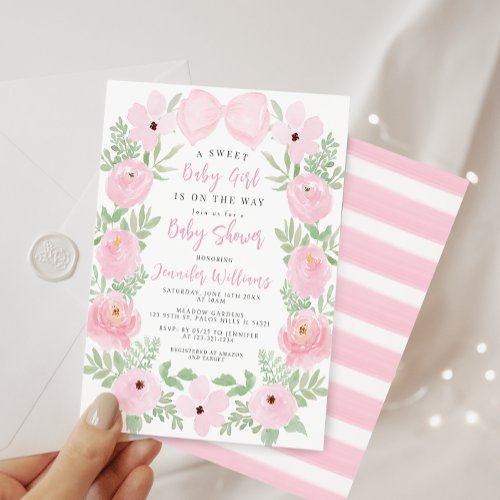 Pastel pink floral cute bow boho baby girl shower invitation