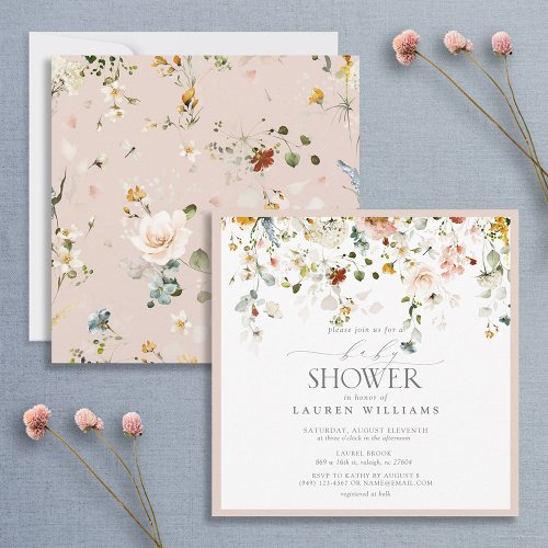 Pastel Pink Floral Drop Script Baby Shower Invitation