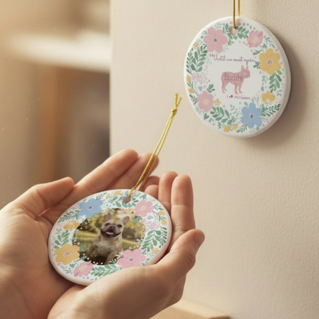 Pastel Pink Floral French Bulldog Custom Photo Ceramic Ornament (Creator Uploaded)