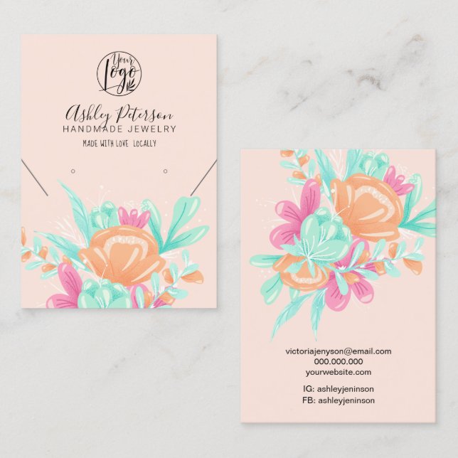 Pastel pink floral logo jewelry earring necklace business card (Front/Back)
