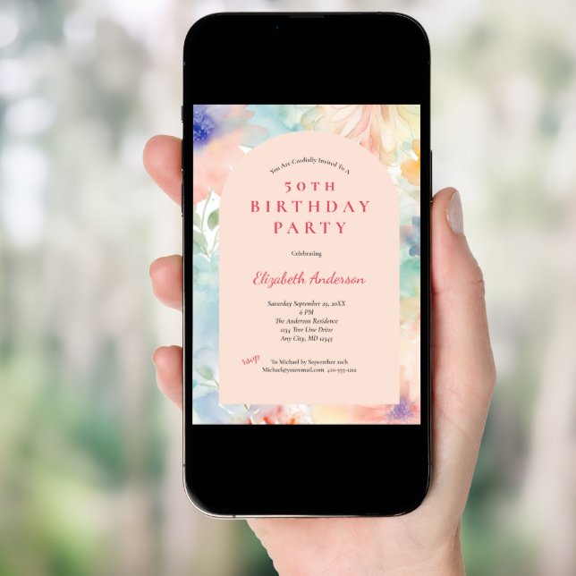 Pastel Pink Floral Modern Arch 50th Birthday Her Invitation (Front Digital)
