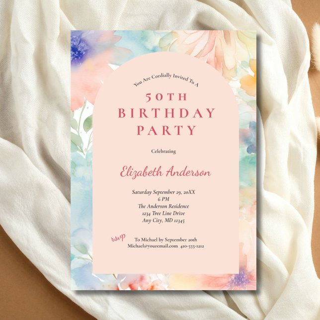 Pastel Pink Floral Modern Arch 50th Birthday Her Invitation (Pastel Pink Floral Elegant 50th Birthday party invitation for he. Printed or Digital Download)
