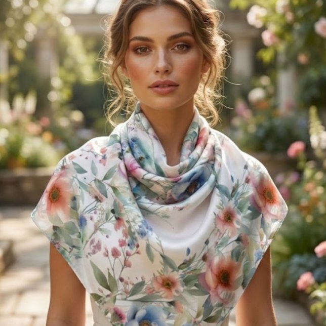 Pastel Pink Floral on White Chiffon  Scarf  (Pastel floral chiffon scarf draped softly over spring dress.  A lovely accessory ofr spring events )