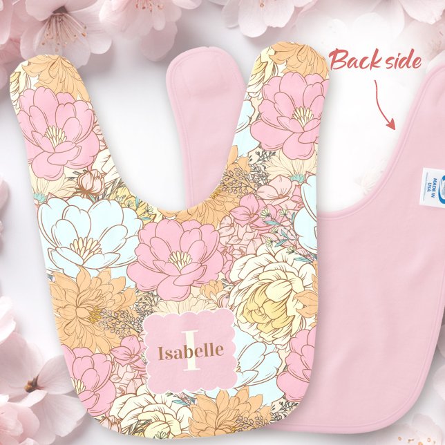Pastel Pink Floral Pattern Monogram Name Baby Bib (Retro Flowers Floral Pattern Monogram Name Baby Bib)