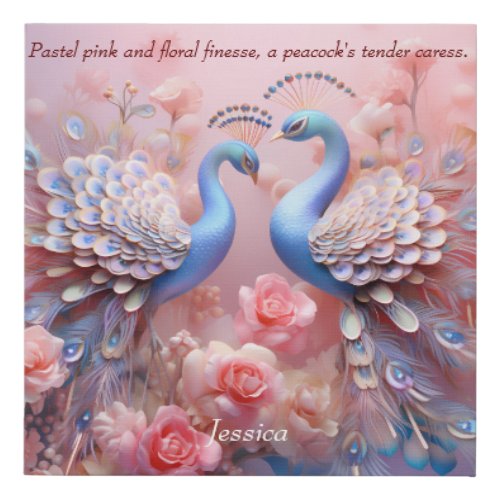 Pastel Pink Floral Peacock Customized Name  Text Faux Canvas Print