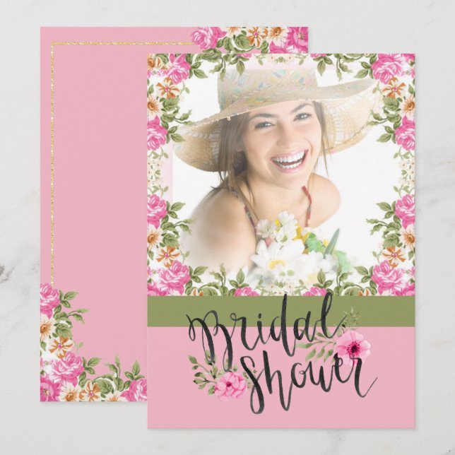 Pastel Pink Floral Photo Bridal Shower Invitation (Front/Back)